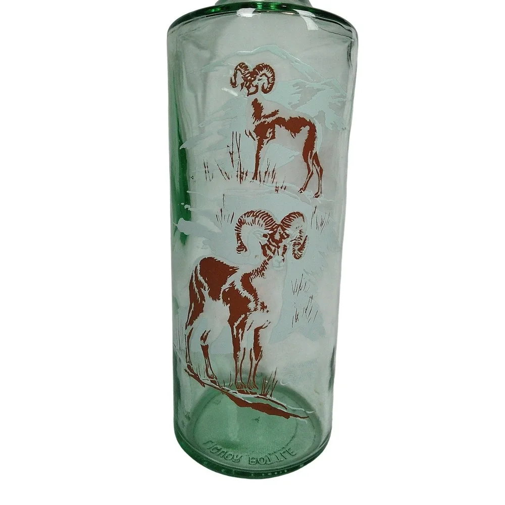 Vintage American Bighorn Glass Decanter Green 12.5in Ram Wildlife Barware